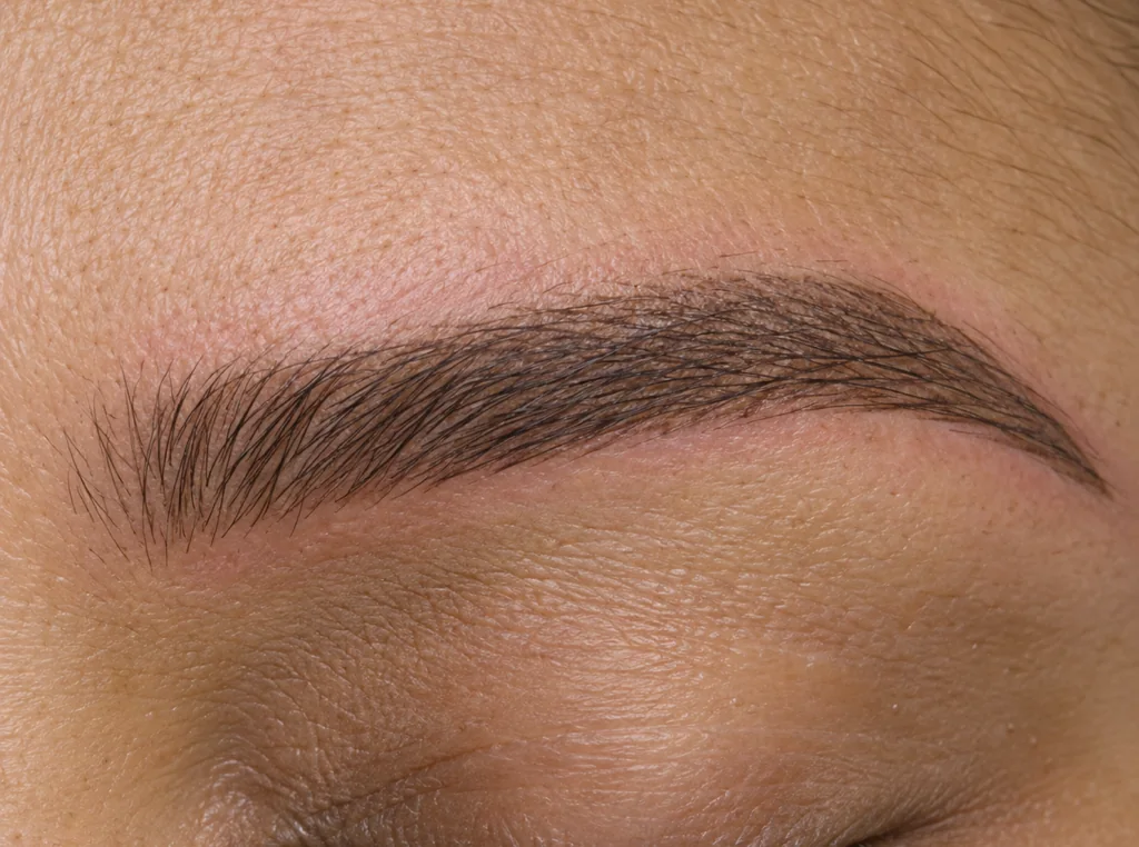 Illustration of a healing eyebrow with mild pink redness close to the brow.